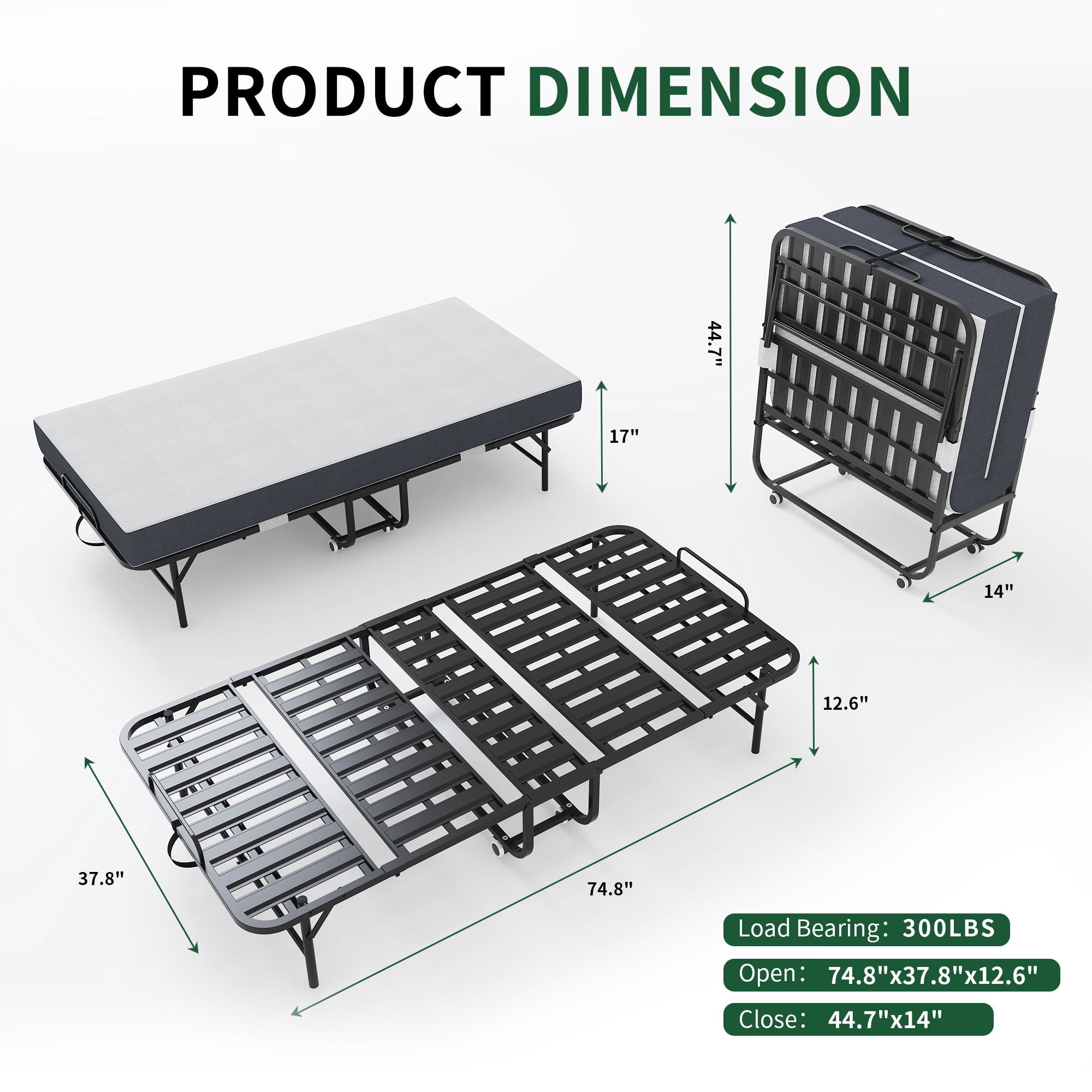Twin Folding Bed with 3.7 in Gel Memory Foam Mattress, Portable Rollaway Guest Bed with Sturdy Metal Frame and Locking Wheels