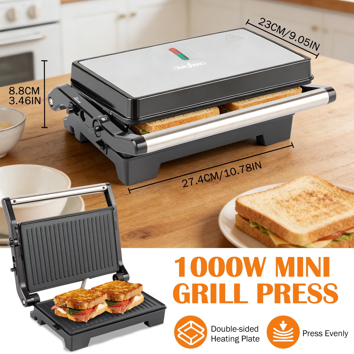 Vivicreate 1000W 3-in-1 Panini Press & Indoor Grill, 180° Open Flat Contact Grill with Nonstick Plates, Double-Sided Heating Sandwich Maker for Home Kitchen
