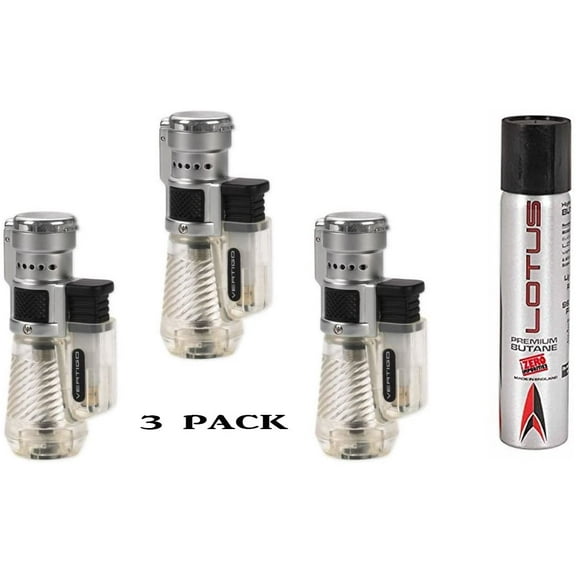 Vertigo by Lotus Cyclone Triple Torch Cigar Lighter Clear 3 Pack Plus 1 Lotus 90ml Butane Can