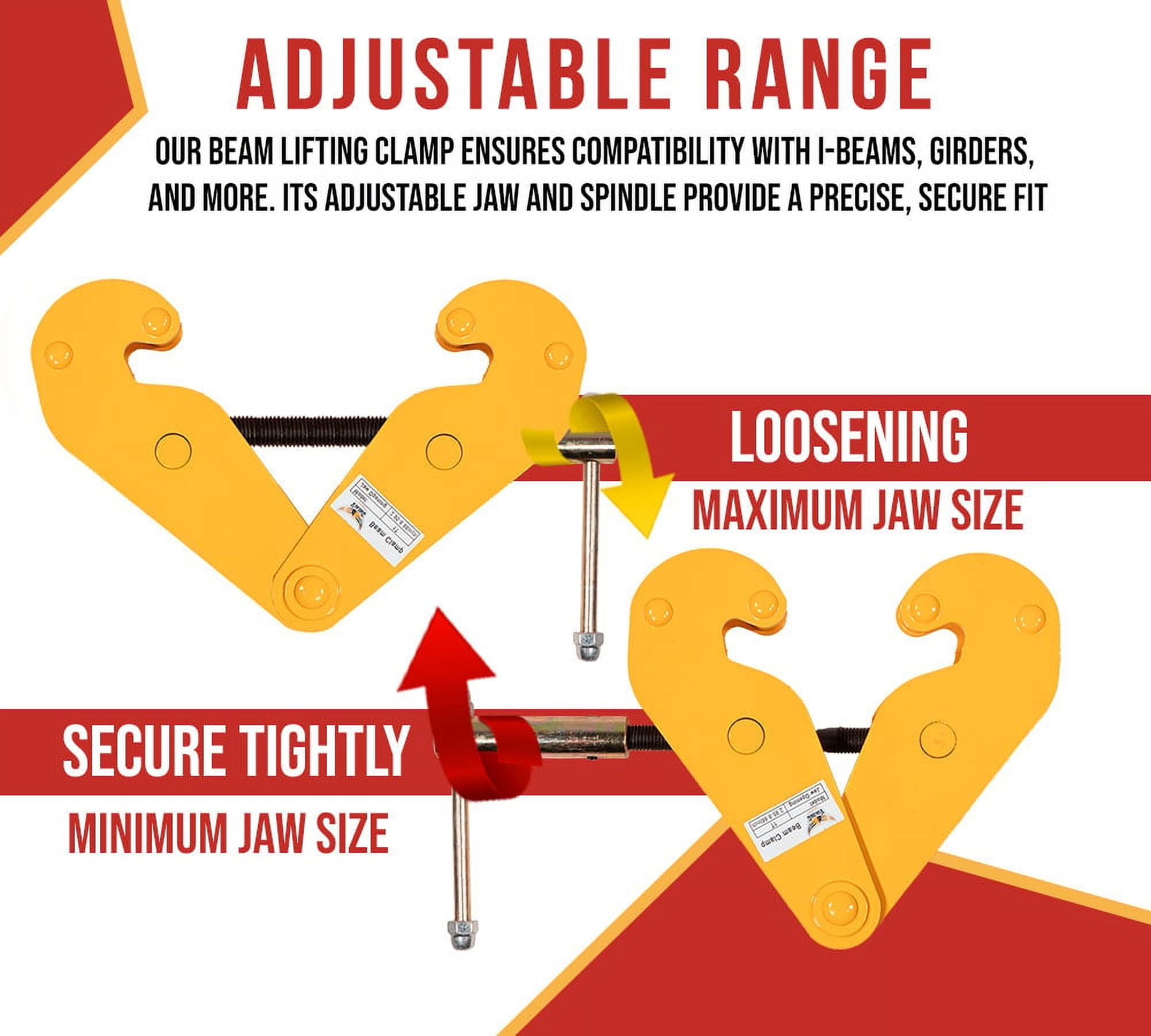Adjustable Beam Clamp Yellow, 3 Ton / 6613 LB Working Load Limit with Manual Screw Rod, I-Beam Lifting Clamp For Industrial, Home-garage Lifting, Rigging, and Other Operations