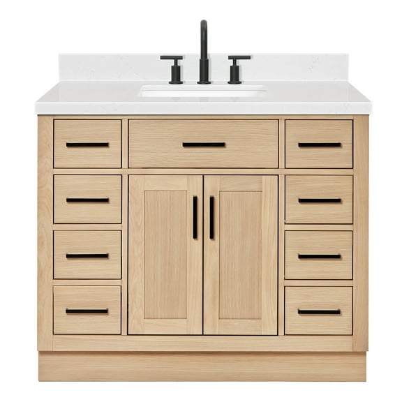ARIEL Hepburn 42 Inch Single Rectangular Sink Bathroom Vanity With Carrara White Quartz Countertop 1.5 Inch Edge In Oak