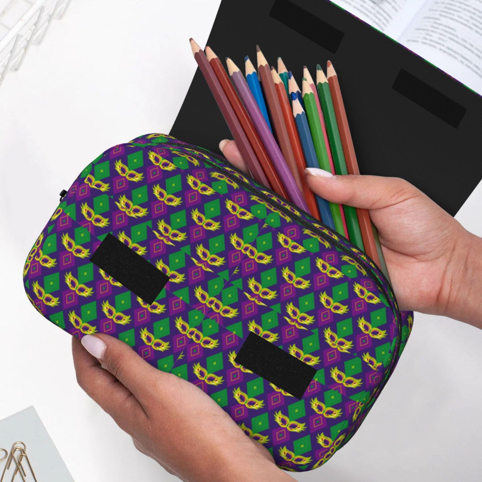 Rateoe Mardi Gras Carnival3 Pattern Double Clamshell Pen Case, Storage Organizer with Two Zipper Compartments– Holds Up to 50 Pencils & Pens