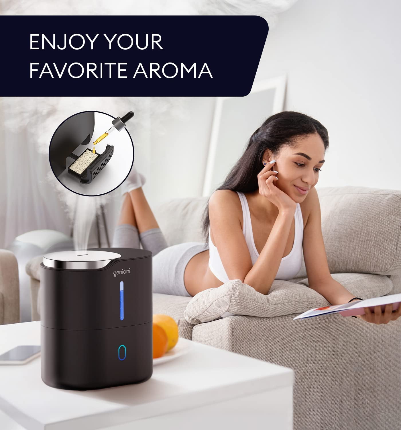 Geniani Top Fill 2L Cool Mist Humidifiers & Essential Oil Diffuser for Home - Smart Aroma Ultrasonic Air Humidifier for Large Room, Bedroom, Baby, Kid - Easy to Clean & Fill, Auto Shut Off, Quiet