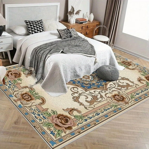 1PC Floral Patterned Area Rug Local Carpet, Lightweight Washable Easy-to-Manage Carpet Mat Festival Gift, Suitable for Living Room, Bedroom, Dining Room, Office, Hallway, Room Accessories