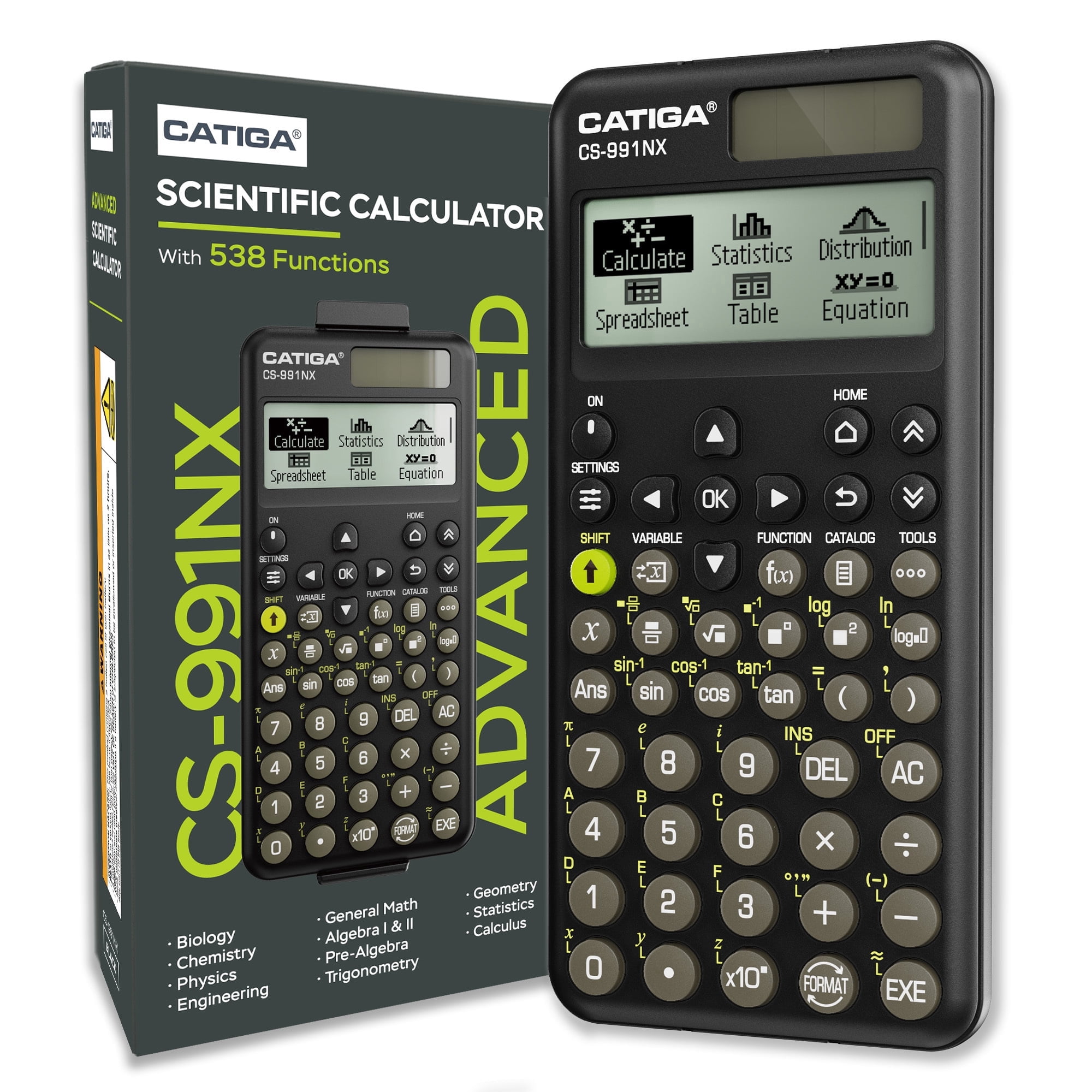 CATIGA CS-991NX Scientific Calculator, 538 Functions, Textbook-Style Display, Solar & Battery, Magnetic Hard Case - Black