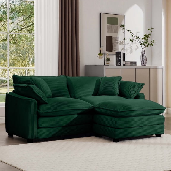 Corduroy Two-Seater Sofa with 1 Footrest, L-Shaped 2-Seater Sofa with Ottoman for Small Living Spaces, Corduroy Sofa (Green)