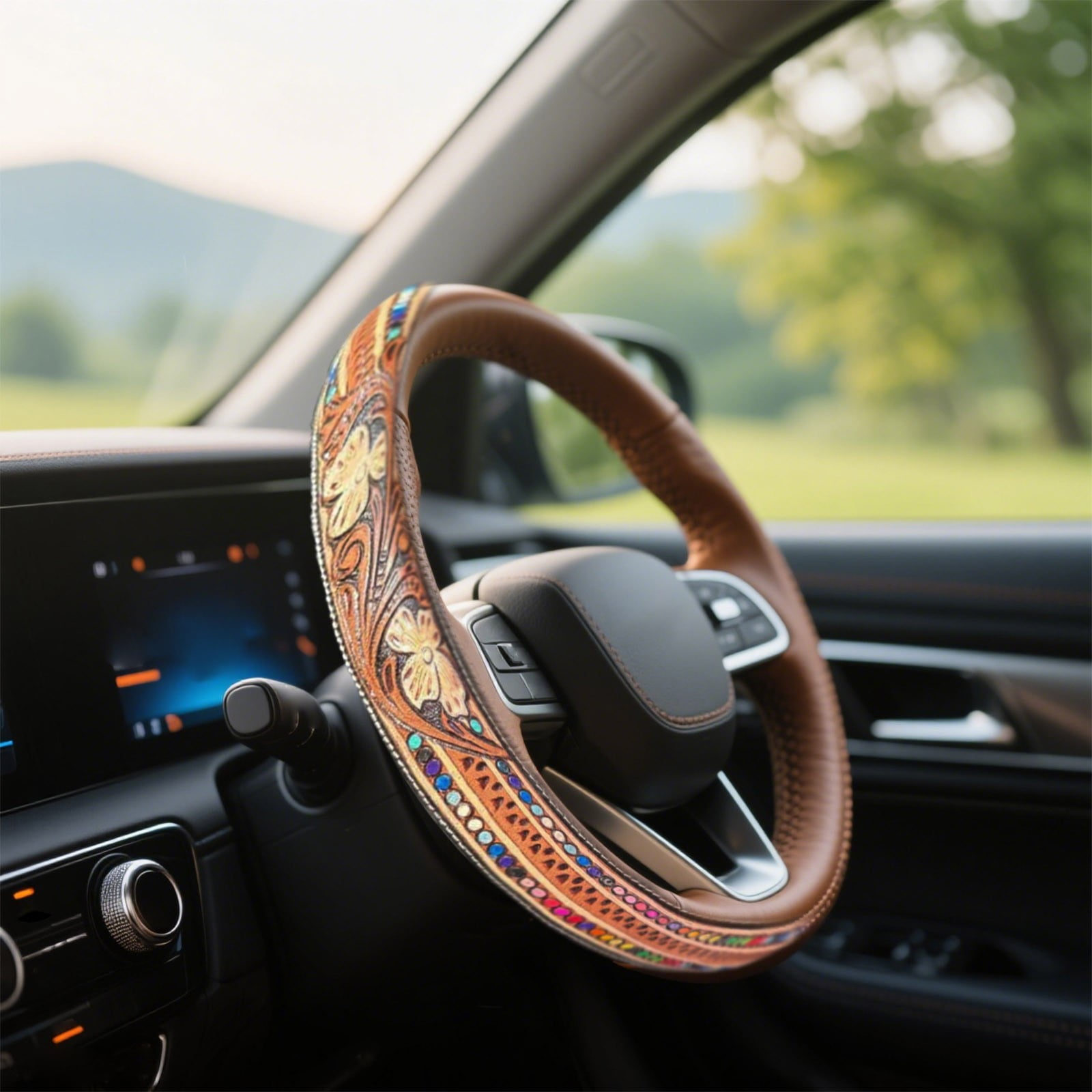 Western Steering Wheel Cover,Retro Western Cowboy Car Universal Steering Wheel Cover,Embossed Hand-Painted Leather Western Car Accessories, for Women Man, Anti- Design Easy to Install (A)