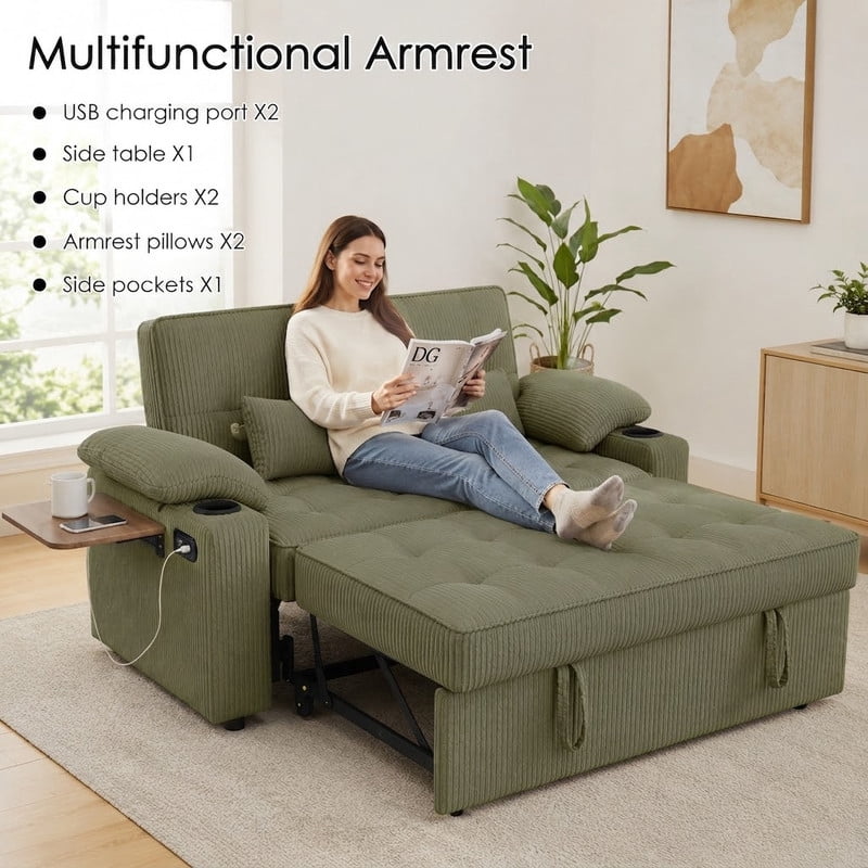 58" Sleeper Sofa Bed, Full Size Pull Out Couch, Convertible Loveseat Sofa with 5-Level Adjustable Backrest, USB Charging Ports, Cup Holders & Foldable Side Table, for Living Room, Apartment & Office
