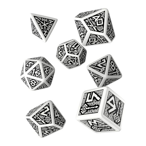 Q-Workshop Polyhedral 7-Die Set: Carved Dwarven Dice Set - White & Black