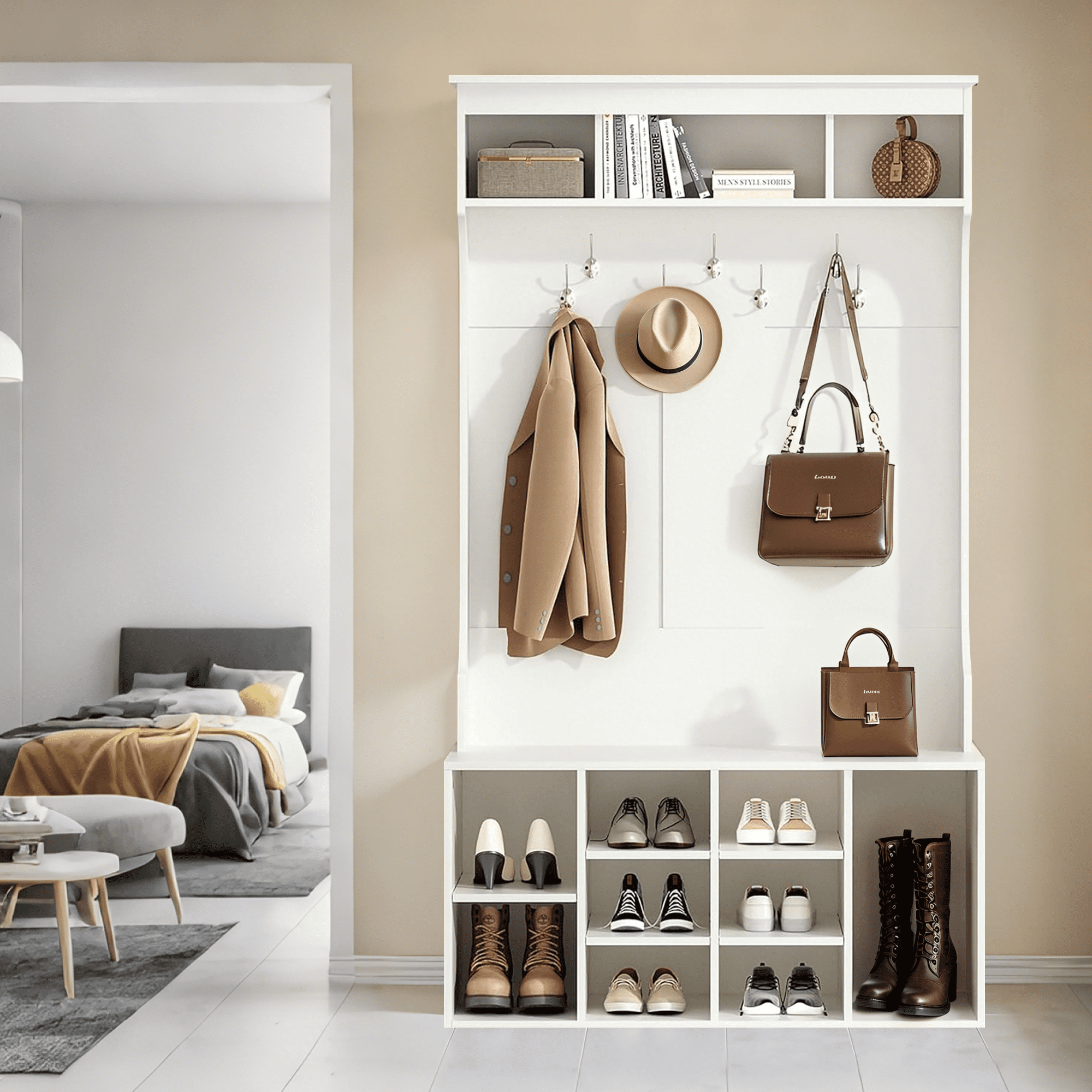 MAYEERTY White 71" Hall Tree with Shoe Storage, 7 Hooks , Freestanding, Adjustable Bench for Mudroom