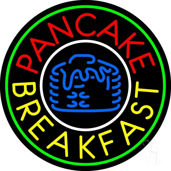 Circle Pancake Breakfast LED Neon Sign 26 x 26 - inches, Black Square Cut Acrylic Backing, with Dimmer - Bright and Premium built indoor LED Neon Sign for restaurant window and interior decor.