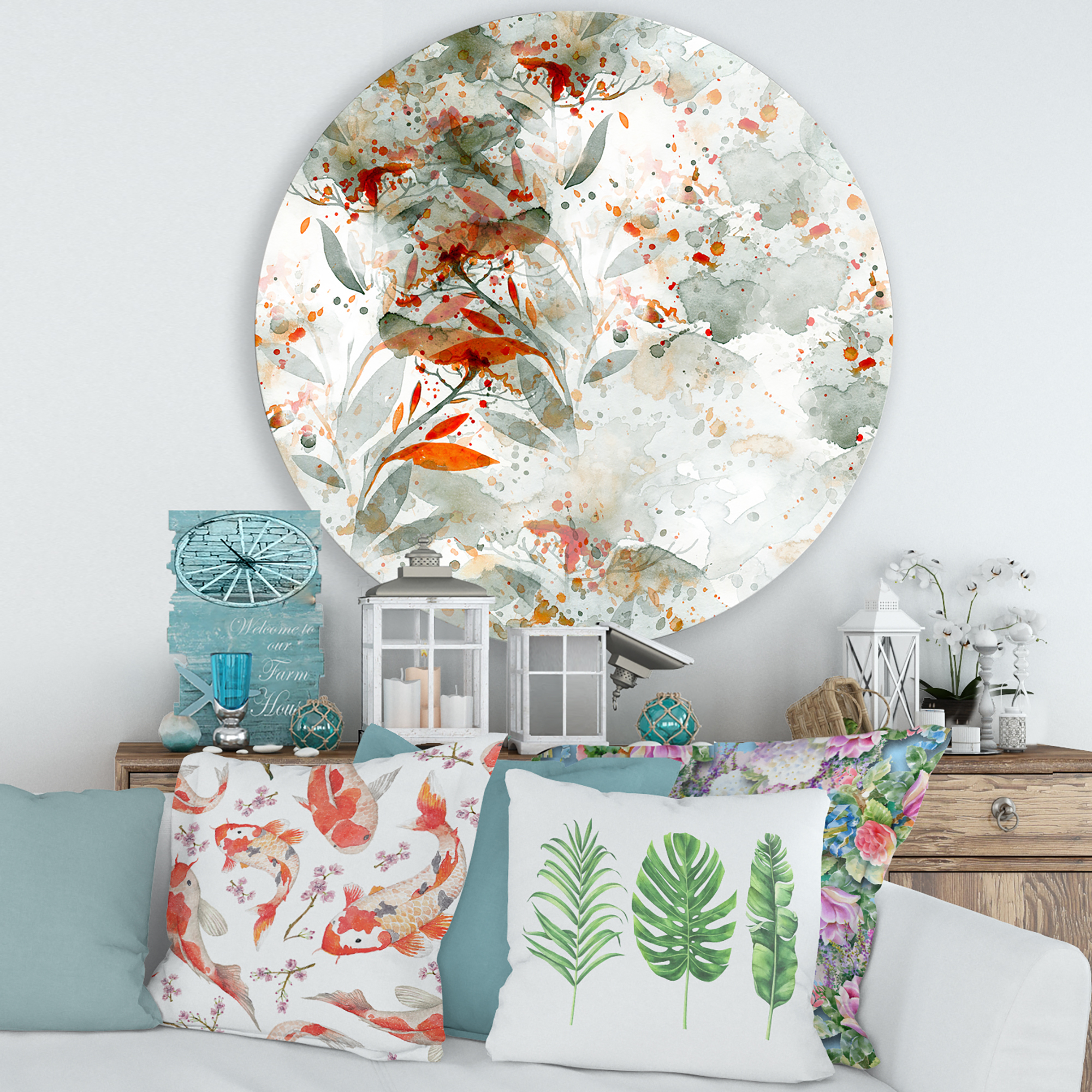 Designart 'Orange and Green Wildflowers II' Modern Circle Metal Wall Art 36x36 - Disc of 36