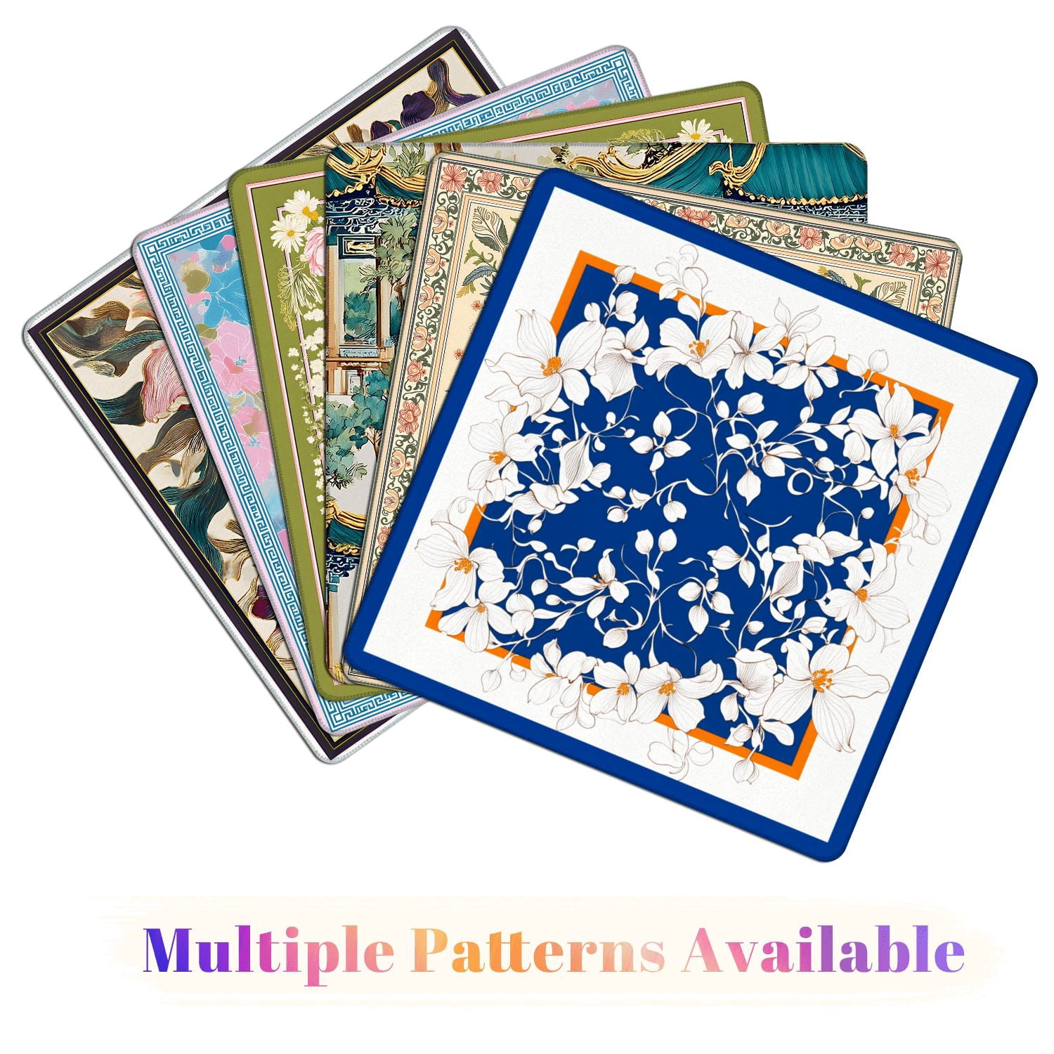 Mahjong Mat 31.5" x 31.5" White Floral Orange Accents Deep Blue Elegant Line Art Design Non-Slip Noise Reduction American Mahjong Tiles Table Cover for Dominoes Poker Card Board Games Gift