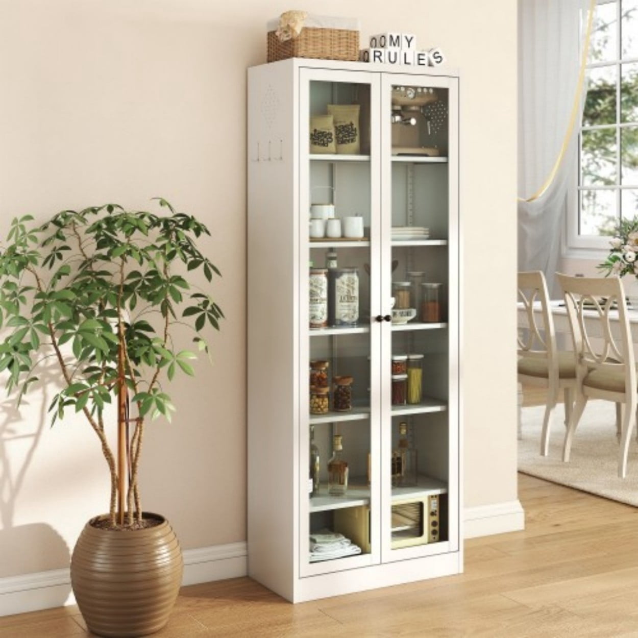 72" Tall Metal Kitchen Pantry Cabinet, Freestanding Storage Cabinet with Glass Doors, 5 Adjustable Shelves, Heavy Duty Steel Organizer for Kitchen Bathroom Pantry, White