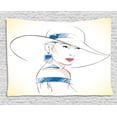 thumbnail image 1 of Vintage Woman Tapestry, Fashion Sketch of Beautiful Female with Hat and Blue Eyes Illustration, Wall Hanging for Bedroom Living Room Dorm Decor, 80W X 60L Inches, Ivory Blue Coral, by Ambesonne, 1 of 2