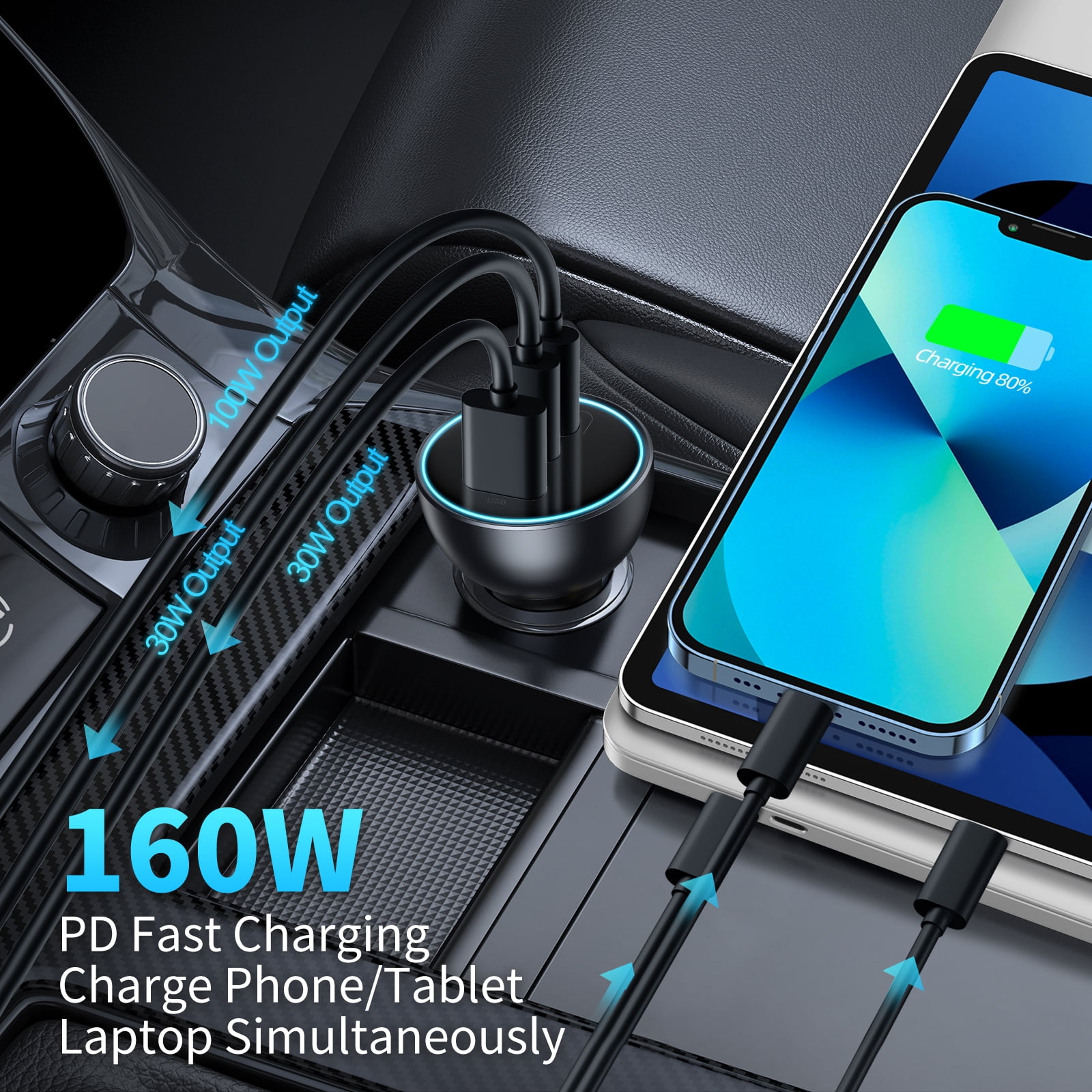 UGREEN 130W 3-Port PD 100W PD3.0/QC4.0/PPS Fast Car Charger