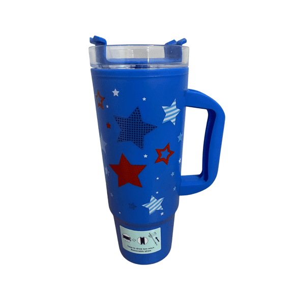 Patriotic Travel Tumbler with Handle and Straw, Large Reusable Cold Drink Cup, Red White and Blue Star Design, Leak Resistant Lid