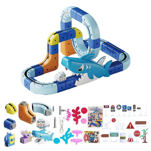 Magnetic Track Train Toy Ocean Shark Track Car Magnetic Assembly Building Blocks Train Childrens Birthday Toy Electric Gift