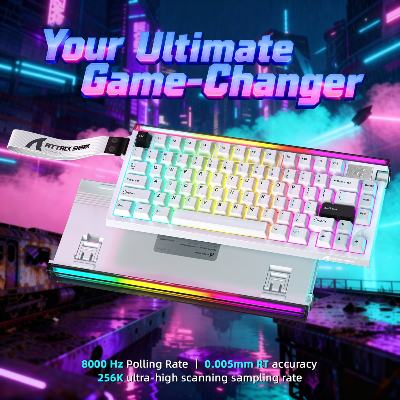ATTACK SHARK R85 HE 75% Magnetic Wired Gaming Keyboard, 8KHz Polling Rate, Hall Effect Hot Swappable Switches, RGB Light Bar, Volume Knob, PC/Mac Compatible, White