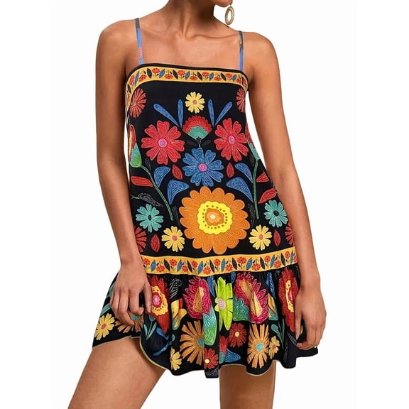 Women'S Floral Boho Flowy Mini - Dress Ruffle Hem Spaghetti Strap Vacation Tank Dresses Black XXL