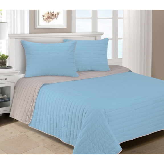Striped Brandon Fine Stitched 100% Long-Staple Cotton Quilt Set, 6 Colors Light Blue / Twin/Twin XL