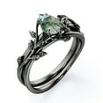 thumbnail image 3 of JeenMata Prong Setting 1 Carat Teardrop Transparent Dendritic Moss Green Agate Leaf Pattern Bridal Ring Set in 18K Black Gold Plating over Silver, 3 of 6
