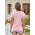 thumbnail image 4 of Camiseta de mujer Mangas cortas con volantes Capas dobles Cuello en V Agujeros huecos Top informal de verano Rosa XL, 4 of 6