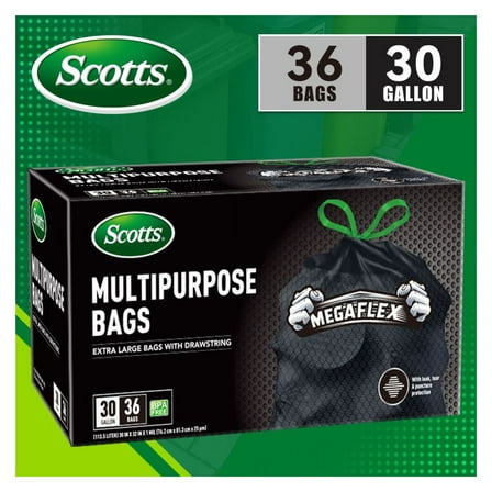 Scotts 36 Count 30 Gallon Black Trash Bags - Large Strong Drawstring Garbage Bags for Kitchen, Home, Industrial & Outdoor Use - 113.5L Durable Leak-Proof Waste Bags