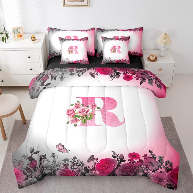 Erosebridal Literie Initiale Taille Grand, Lit Personnalisé Monogrammé en Sac Taille Grand, Décoration Florale, Réversible, Léger, 7 Pcs