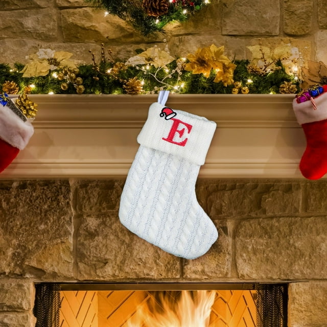 Fridja 8 Inch Mini Initial Christmas Stocking Monogram Embroidered Christmas Stocking White Knitted Small Christmas Stocking Decorations for Fireplace Mantle Christmas Wall