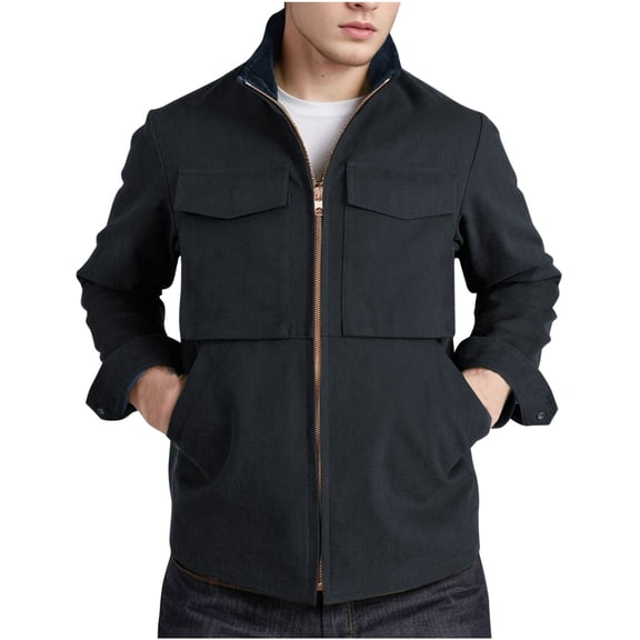 SHTXOZHI Mens Cargo Jacket Lapel Zip Up Fall Winter Coat Long Sleeve Casual Outwear with Pockets