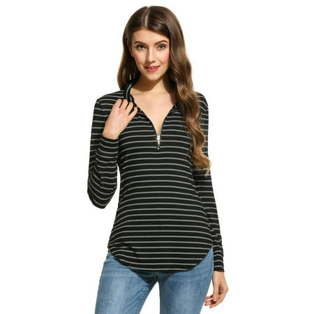 Underwear Zip Collar Shirt - Women Stand Collar Long Sleeve Half Zip Striped Irregular Hem Blouse HFON