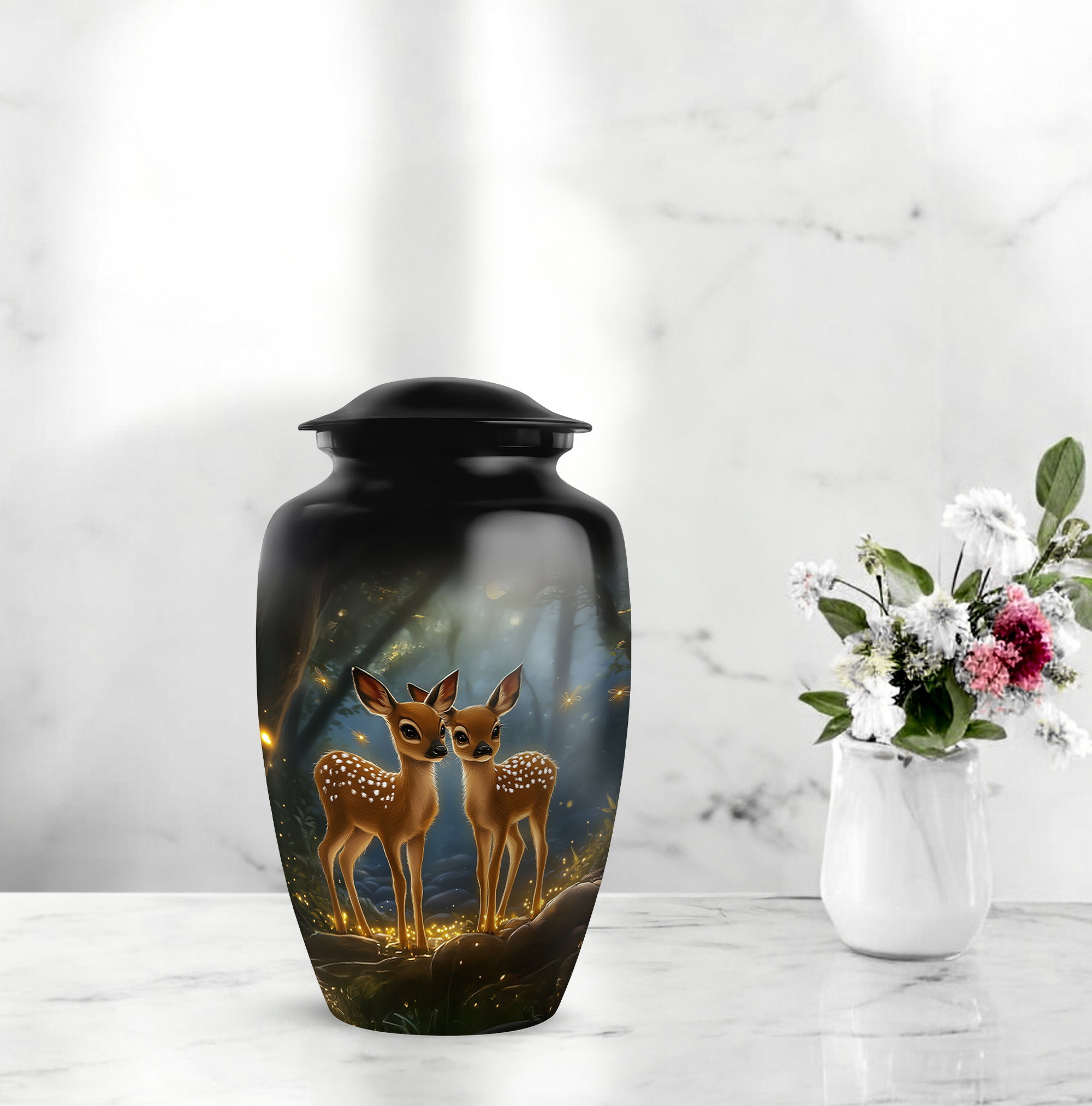 MUKTIVE Deer Memorial Urns for Adult Male - Large Black Funeral Urns for Human Ashes Adult Female - Cremation Urn for Mom & Dad - Handcrafted Burial Urn for Humans - 10 Inch