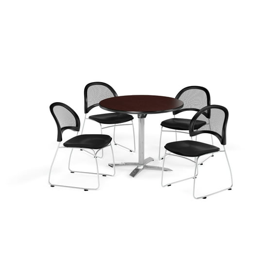 OFM Multi-Use Break Room Package, 42" Round Flip-Top Table with Moon Stack Chairs, Mahogany Finish with Black Seats (PKG-BRK-171)