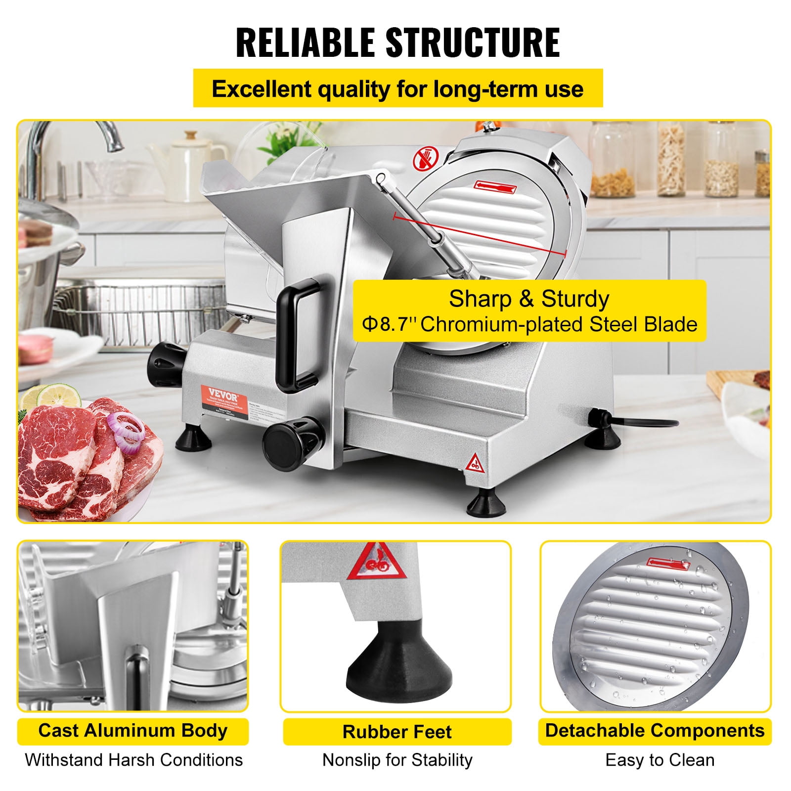 VEVOR Commercial Meat Slicer, 200W Electric Deli Food Slicer, 350-400RPM Meat Slicer with 8" Carbon Steel Blade, 0 - 0.47 inch Adjustable Thickness