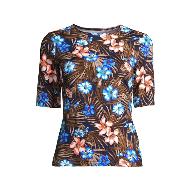 Lands' End Women's Petite Crew Neck Elbow Sleeve Rash Guard UPF 50 Sun