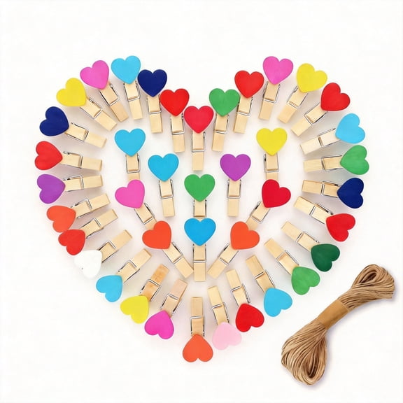 Mini Wooden Heart Clothespins 100 Pcs Craft Photo Clips with Jute Twine for Picture Display and DIY Crafts Natural Wood Multi-Color