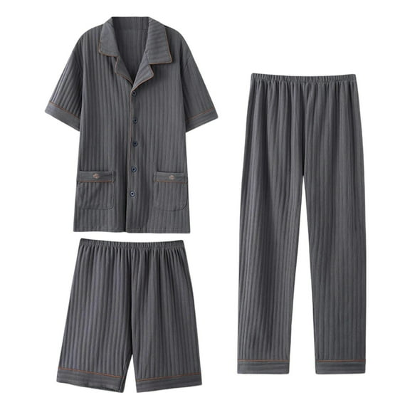 Fancifize Mens Cotton Pajama Sets 3 Pieces Button Down Sleepwear Classic Short-Sleeve Loungewear Long Pants and Shorts with Pockets Pj Sets Nightwear