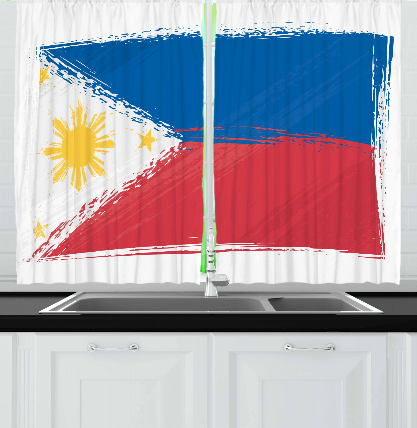 Filipino Curtains 2 Panels Set, Artistic Brush Stroke Style Grungy