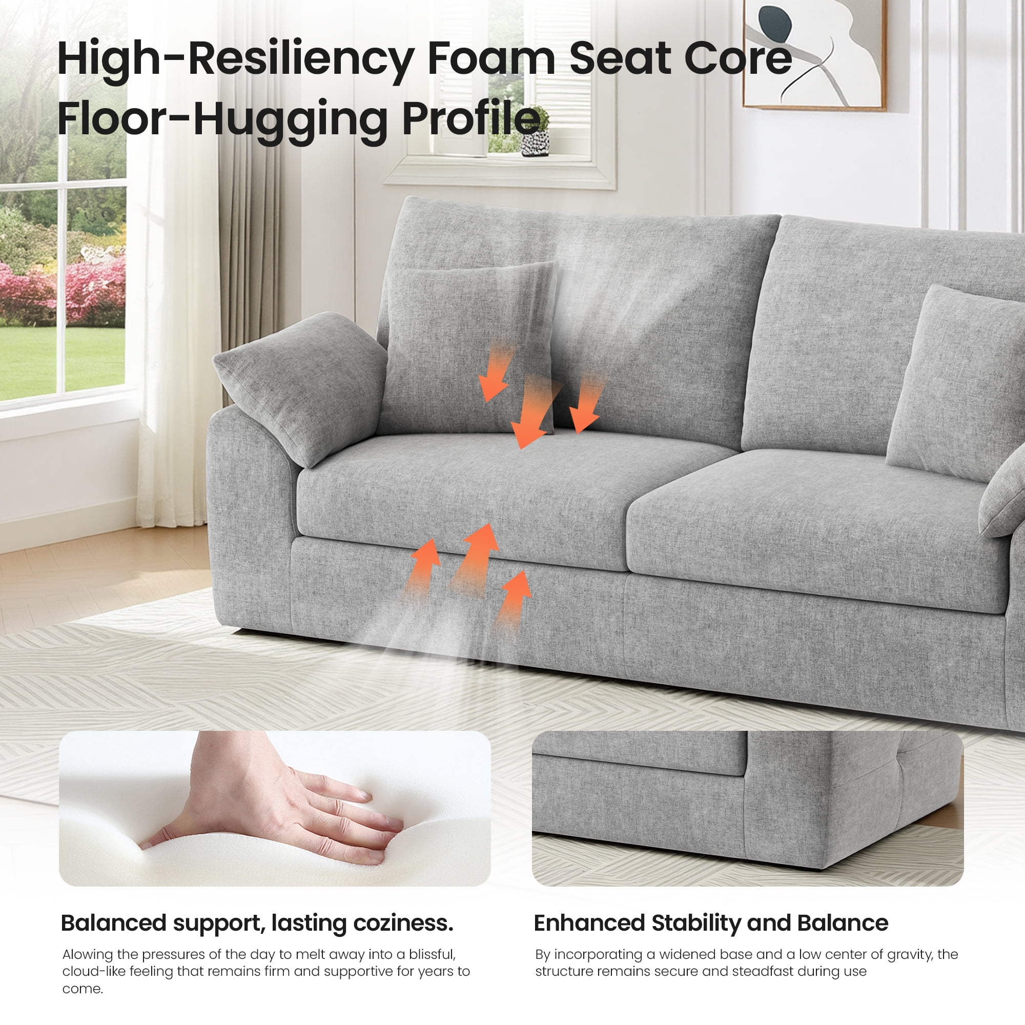 EOP 89.8" Wide Cloud Compression Sofa, Full Sponge Loveseat with Deep Seat, Upholstered Couch with 4 Pillows, No Assembly Required for Small Living Spaces, Light Gray