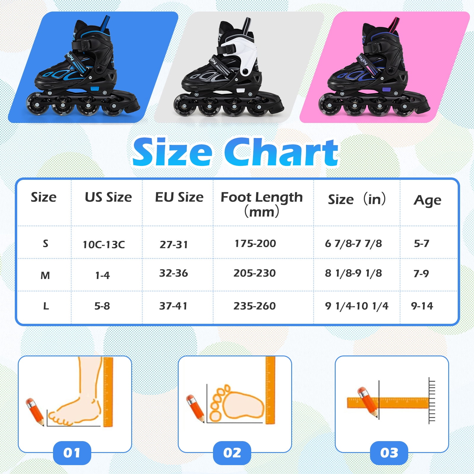 Babyjoy Adjustable Kids’ Inline Skates Ages 7-9 4 Sizes Adjustable Blade Roller with Light-up Wheels Black & Blue