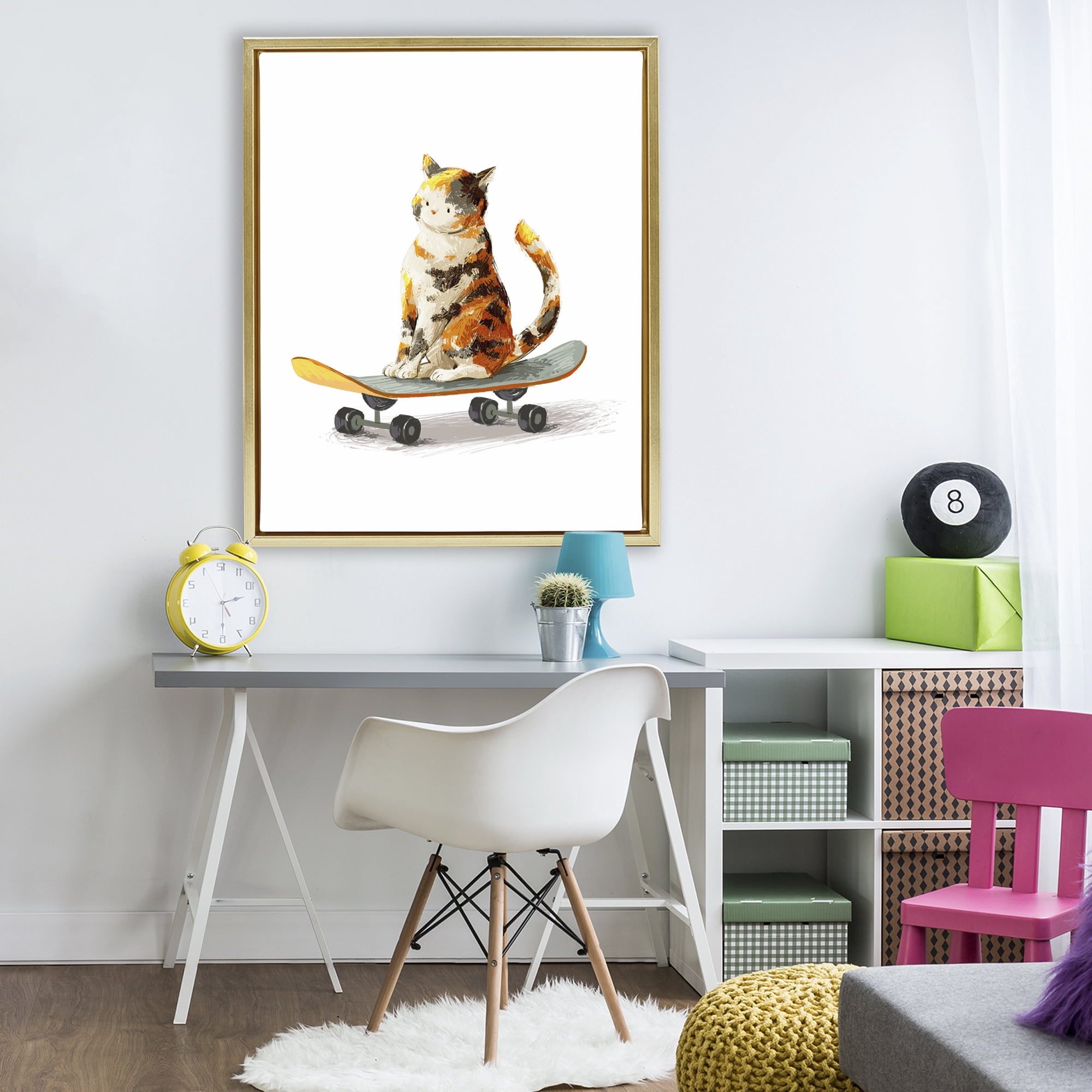Stupell Industries Calico Cat on a Skateboard Gold Framed Floater Canvas Wall Art, design by Ziwei Li