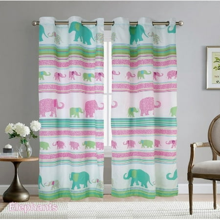 - Boys Girls Kids Teens Pink & Green Elephants 2 Panel Metal Grommets Curtain Set