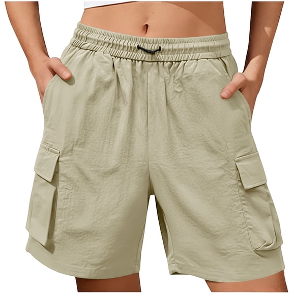 Womens Stretchy Cargo Shorts with Pockets Drawstring Elastic Waist Casual Summer Outdoor Bermuda Shorts Khaki XL