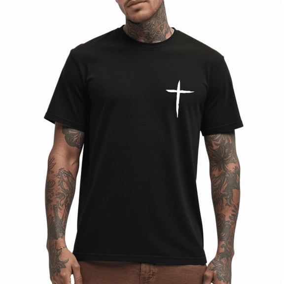Whichone Men's 100% Cotton T-shirt Cross Print Stylish Daiyly Wear,Black,Sizes S-2XL