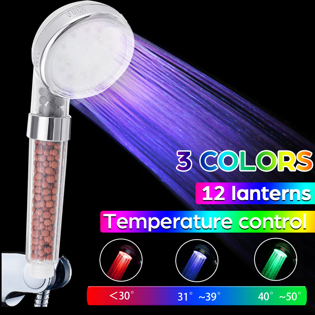 Easy installationBathroom Shower Head with LED 7 Change Color High Pressure Water Saving Negative Ion Filter Shower Sprayer