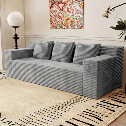 71" 3-Seater Corduroy Sofa, Deep Seat Modular Couch, No Assembly Comfy Loveseat for Living Room Bedroom Conference Room Apartment, Light Grey