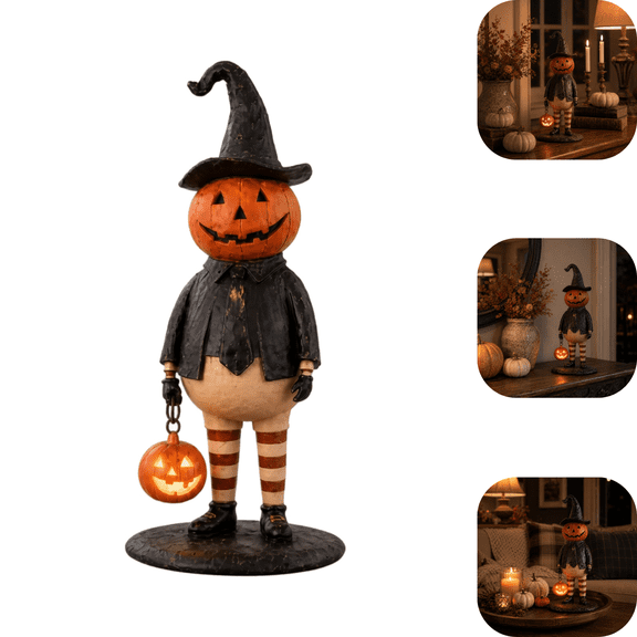 Halloween Pumpkin Head Figurine with Lighted Handheld Jack O Lantern - Vintage Witch Gentleman Resin Statue, Light Up Pumpkin Figure for Fireplace Mantel Fall Autumn Display