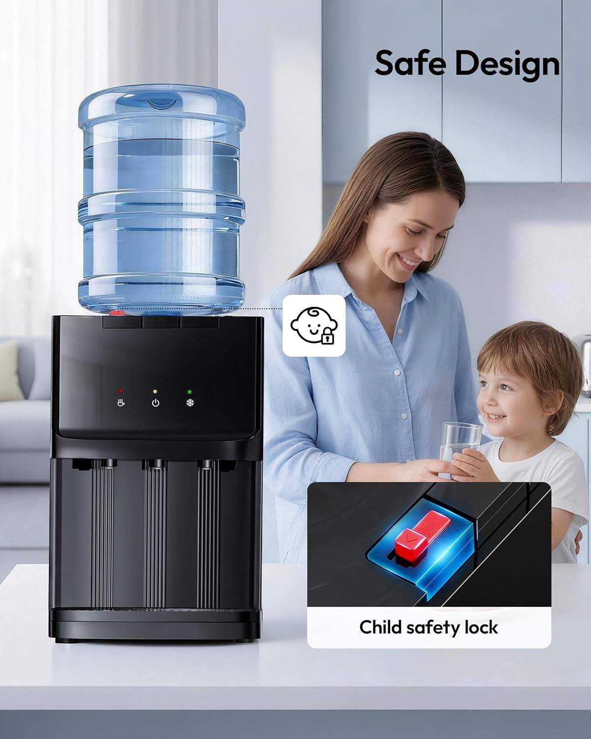 Top Load Water Dispenser for 3 or 5 Gallon Bottles, Countertop Water Cooler with Hot & Cold Settings