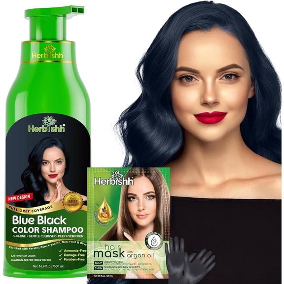 Herbishh Blue Black Hair Dye Shampoo 500ml, Color Shampoo for Grey Hair, 3-in-1 Natural Hair Dye, Ammonia-Free Formula, Hair Color for Women & Men